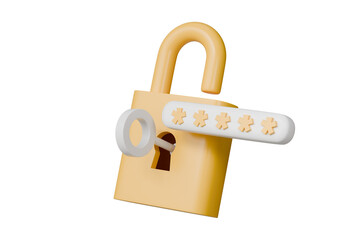 Poster - 3d Yellow Padlock with password and key icon on isolated. Data protection, private access icon, password security access, privacy protection, personal information. Security concept. 3d rendering.
