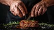 Chef's hands preparing a succulent steak on a black backdrop, leaving room for menu or recipe details.