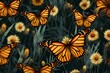 Monarch butterfly wings forming a seamless pattern against a backdrop of wildflowers