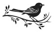 Bird on branch vector illustration. Small sparrow sitting on tree hand drawn black on white background. Spring nature decorative silhouette.