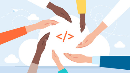 People's hands hold programming icon. Online programing or coding or mobile app or website development course banner design concept. PC language learning. Flat illustration