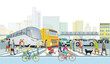 Großstadt Stadtsilhouette mit Straßenverkehr und Fußgänger auf dem Zebrastreifen, Illustration
