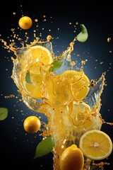 Wall Mural - Lemon juice splashing with fruits on black background still life.