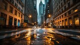 Fototapeta Londyn - Rainy Evening on Wallstreet A Cinematic Reflection of Financial Investment Ideas
