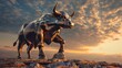 Bronze Bull Statue Symbolizing Stock Market Strength at Sunset