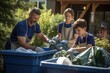 A family sorting recyclables in their backyard. Parents teach kids the importance of recycling, leading by example for the whole family.