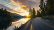 Lake and road at sunset. Generative Ai