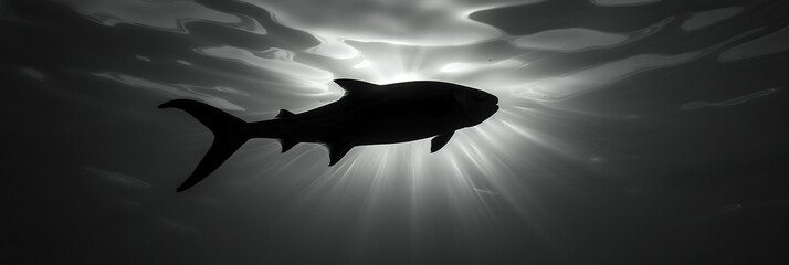 Wall Mural - Silhouetted fish in calm water with front shadow and top right light.
