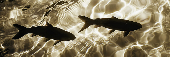 Wall Mural - Silhouetted fish in calm water with front shadow and top right light.