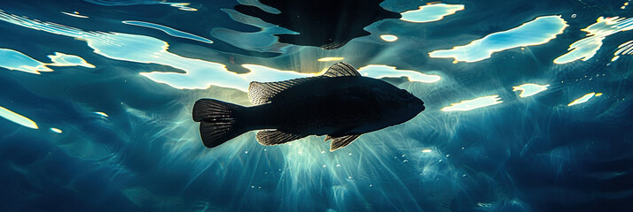 Wall Mural - Silhouetted fish in calm water with front shadow and top right light.