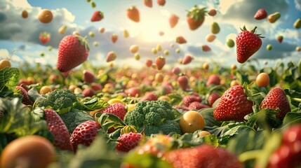 Wall Mural - A Most Peaceful and Beautiful Fruit and Vegetable Field. Fruits and vegetables fly from the sky. Generative AI.