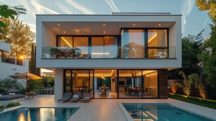 Poster - Three story house, large tiled backyard with a white house, in the style of modern. Generative AI.