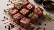 Top view, beef cubes wrapped in black pepper, juicy, solid color background. Generative AI.