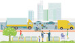 Stadtsilhouette einer Stadt mit Verkehr und Anlieferung illustration