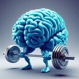 Fototapeta  - An anthropomorphic blue brain shows off its strength by lifting heavy dumbbells, depicting the concept of mental strength and intelligence training. AI generation