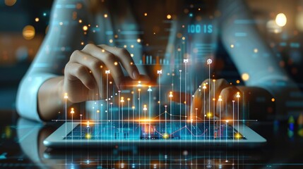 Businessman analysis sales data graph growth on modern interface icons on strategy, Digital online marketing, Solution analysis and development contents on global network connection. Generative AI.