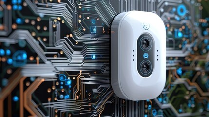 Poster - A white ring door motion sensor, with a circuit board background, sleek and modern design style, tech blue lines. Generative AI.