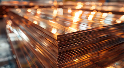 Poster - A stack of clean, shiny Copper steel sheets in industrial factory floor. Generative AI.