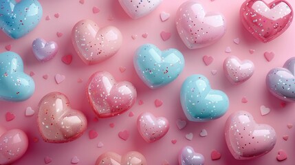 Poster - Background for Valentine's Day with 3D hearts on a pink background, pastel color. Generative AI.