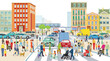 Stadtsilhouette einer Stadt mit Verkehr  und Personen, illustration