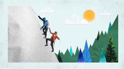 Young man and woman climbing upwards mountain with special equipment. Friends mountaineering together in winter. Contemporary art collage. Concept of tourism, active lifestyle, travelling, vacation