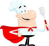 Fototapeta Dinusie - Smiling Chef Man SuperHero Cartoon Character Holding A Spatula. Vector Illustration Flat Design Isolated On Transparent Background