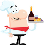 Fototapeta Dinusie - Smiling Chef Man Cartoon Character Holding Plate With Wine And Cheese. Vector Illustration Flat Design Isolated On Transparent Background