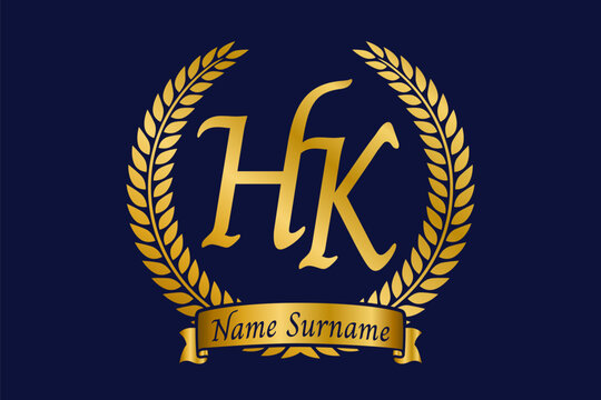 Initial letter H and K, HK monogram logo design with laurel wreath. Luxury golden calligraphy font.