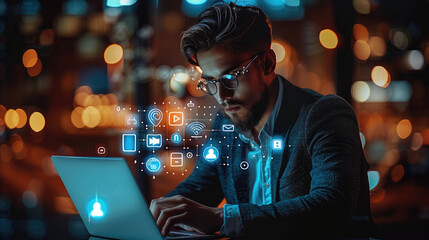 Aufkleber - AI Social Media icons and reflections from the screen of a handsome young businessman sitting and working on a laptop at the office. Generative AI.