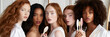 Group portrait of beautiful ladies with different skin and hair color