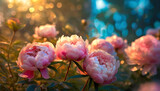 Fototapeta  - Peonies and butterflies. Summer garden in the rays of the setting sun