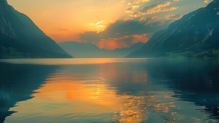 Poster - A tranquil lake reflecting the surrounding mountains and the orange sky of early morning. Generative AI.