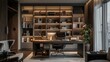 Sleek and luxurious home office within a modern apartment featuring dark tones, cool LED lighting, creating a sophisticated and inviting workspace.
