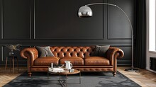 Stylish Black Interior With A Brown Leather Sofa, Floor Lamp, Coffee Table, Carpet, And Wood Flooring. This 3D Rendering Showcases A Classic And Modern Look.