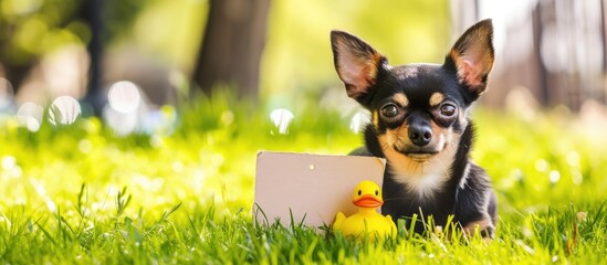 Wall Mural - Chihuahua dog rests on grass in the city park, holding a blank placard and a yellow duck toy.