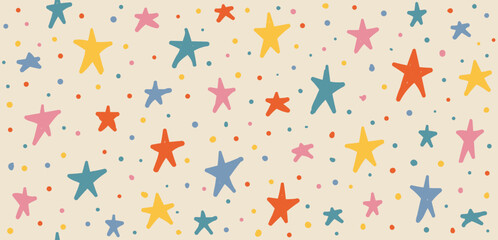 Wall Mural - stars hand drawn y2k naive seamless pattern. vector colorful doodle funny confetti background in 70s