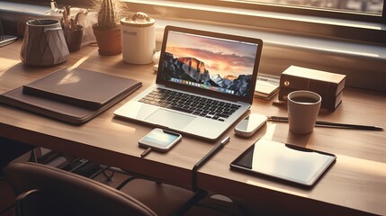 Wall Mural - A high-angle view of a laptop, tablet, and smartphone neatly arranged on a wooden desk, with a touch of morning sunshine.