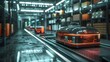 Industrial Design Robot Train in Futuristic Warehouse with 3D Rendering