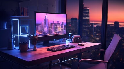 Wall Mural - A desktop computer with a sleek design, positioned on a glass table, surrounded by modern office accessories in a well-lit room.