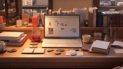 Wall Mural - A desk adorned with a compact desktop computer, notebooks, and a cup of tea, all arranged with meticulous precision.