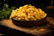 Juicy macaroni and cheese on a wooden board against a painted brick background