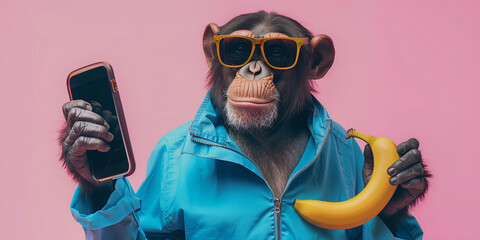 Wall Mural - funny monkey in blue jacket and eyeglasses using smartphone isolated on pink