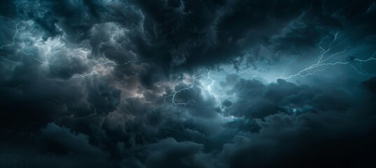dark clouds with lightning, thunderstorm and stormy weather background