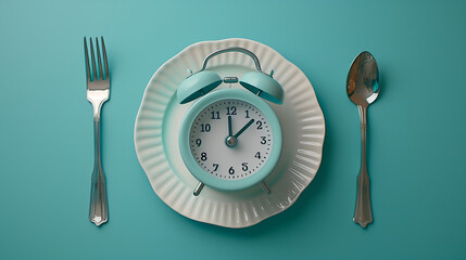Wall Mural - Blue alarm clock on a plate with spoon and fork on blue background
