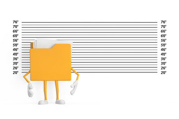 Aufkleber - Yellow Folder Icon Cartoon Person Character Mascot in front of Police Lineup or Mugshot Background. 3d Rendering