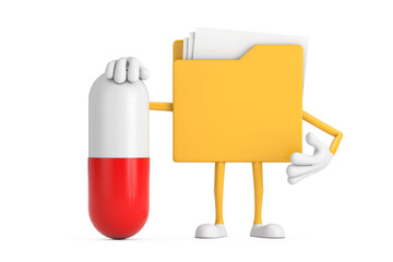 Aufkleber - Yellow File Folder Icon Cartoon Person Character Mascot with Capsule Pill . 3d Rendering