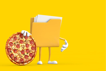 Poster - Yellow File Folder Icon Cartoon Person Character Mascot with Tasty Pepperoni Pizza. 3d Rendering