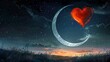 drawing illustration. a magical landscape of a next to the crescent moon is a bright red heart, below them is a night view of a field in the moonlight