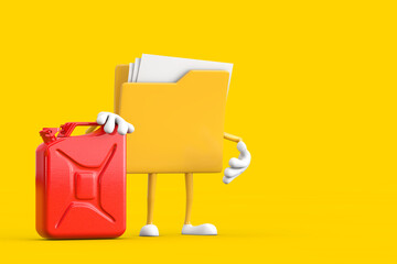 Aufkleber - Yellow File Folder Icon Cartoon Person Character Mascot with White Flag with Red Metal Jerrican Canister. 3d Rendering