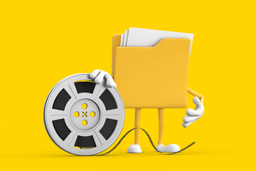 Aufkleber - Yellow File Folder Icon Cartoon Person Character Mascot with Film Reel Cinema Tape. 3d Rendering